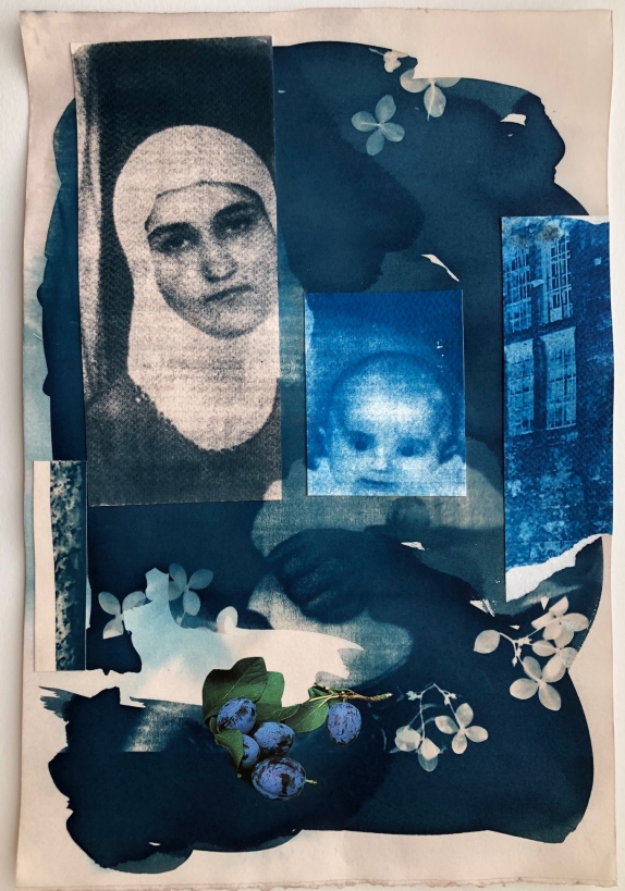 Cyanotype collage of widow and child titled Indigo Madonna